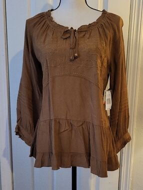 John Mark Embroidered Ruffled Tie-Front Tunic